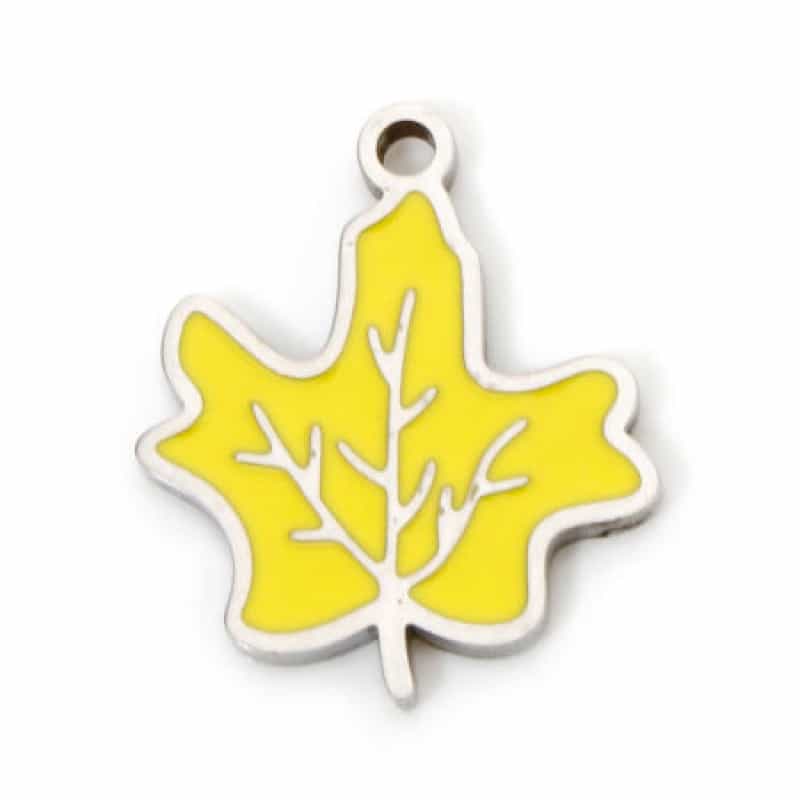 2 Pcs Eco-Friendly 304 Stainless Steel Pastoral Style Charms Silver Tone Yellow Maple Leaf Enamel 15.5Mm X 13.5Mm