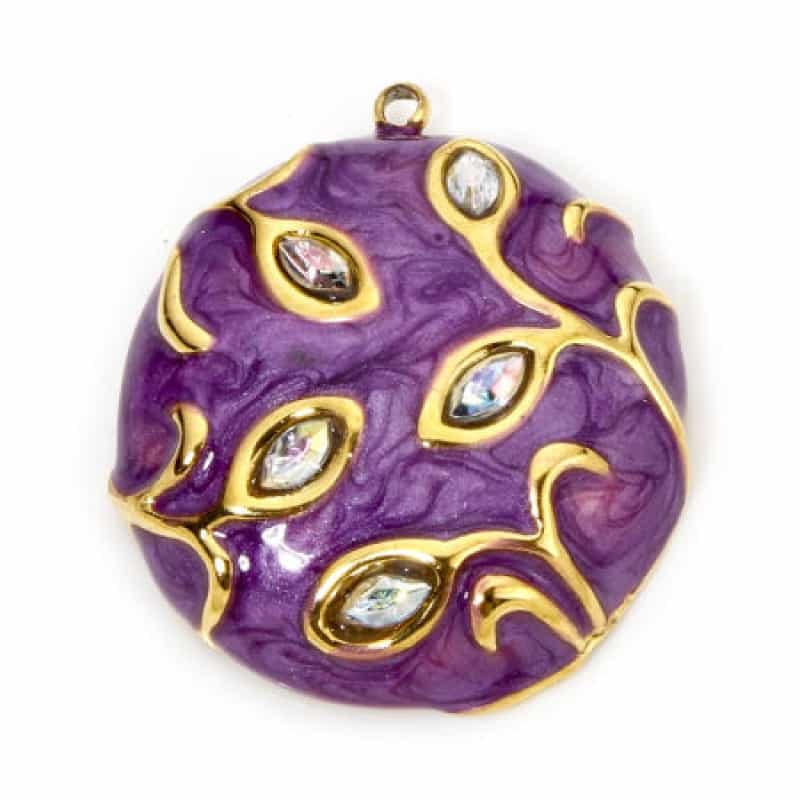 1 Piece Eco-Friendly Vacuum Plating 304 Stainless Steel & Rhinestone Flora Collection Disc Charms Gold Plated Purple Round Enamel 27Mm X 23.5Mm