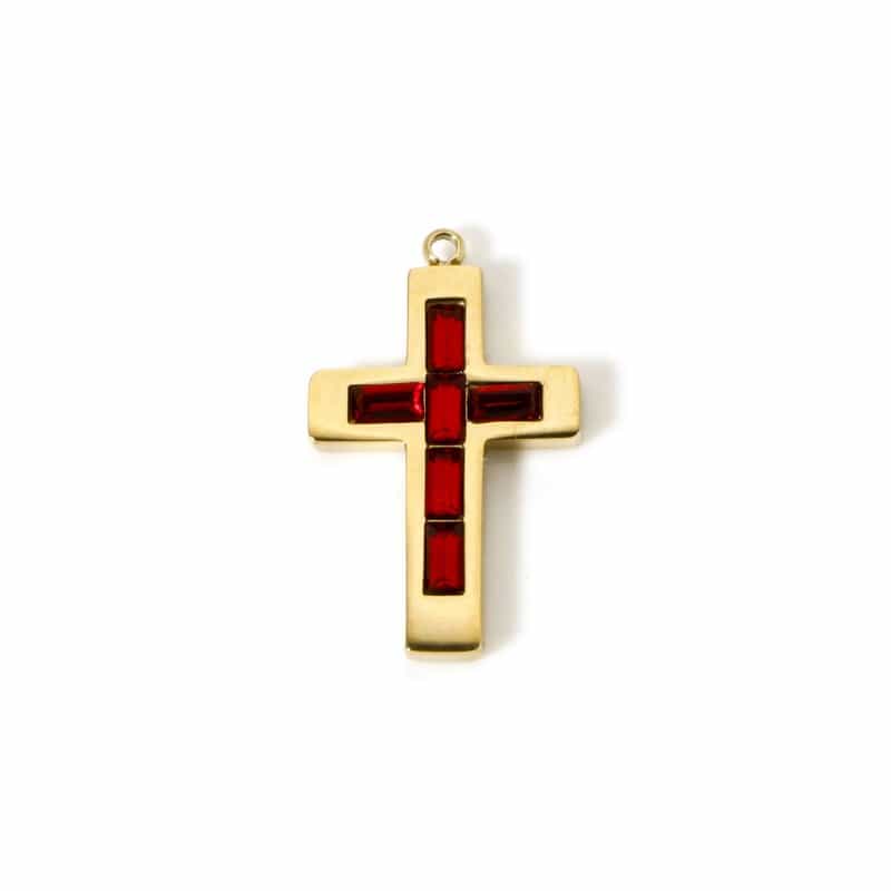 1 Piece Eco-Friendly Pvd Vacuum Plating Waterproof Anti-Tarnish Hypoallergenic 304 Stainless Steel Birthstone Charms 14K Real Gold Plated Cross January Wine Red Rhinestone 25Mm X 15Mm