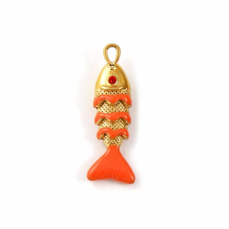 2 Pcs Eco-Friendly Pvd Vacuum Plating Waterproof Anti-Tarnish Hypoallergenic 304 Stainless Steel Ocean Jewelry Charms 18K Real Gold Plated Orange Enamel Fish Animal 3D Orange-Red Rhinestone 29Mm X 10Mm