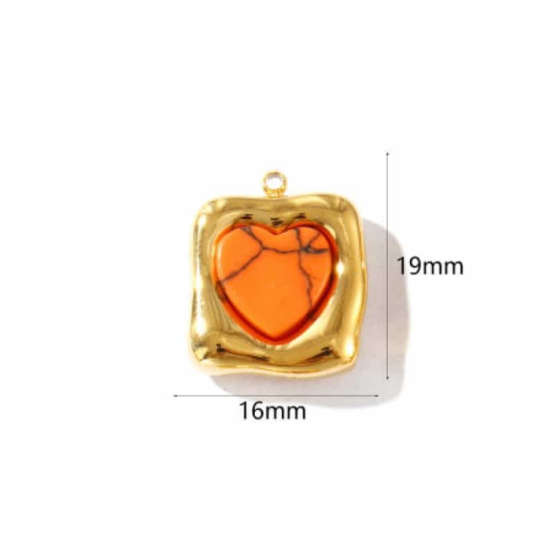2 Pcs Eco-Friendly Pvd Vacuum Plating Waterproof Anti-Tarnish Hypoallergenic 304 Stainless Steel Charms 18K Real Gold Plated Orange Quadrilateral Heart With Synthetic Gemstone Cabochons 19Mm X 16Mm