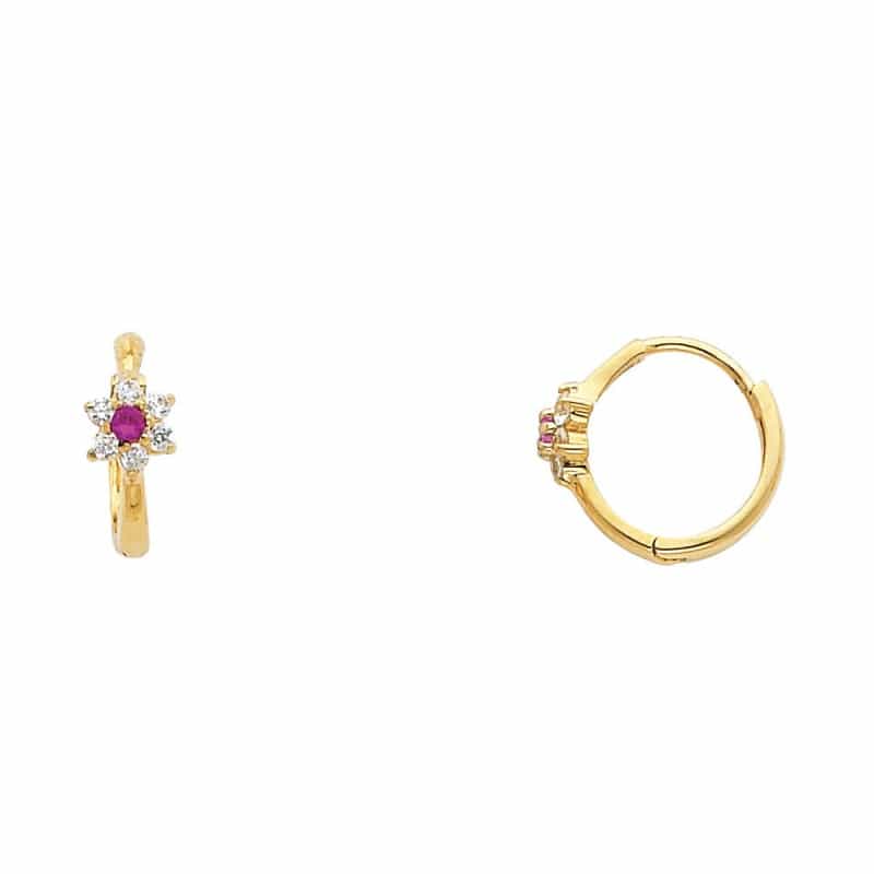14K Gold Flower Cz Stone Huggie Hoops