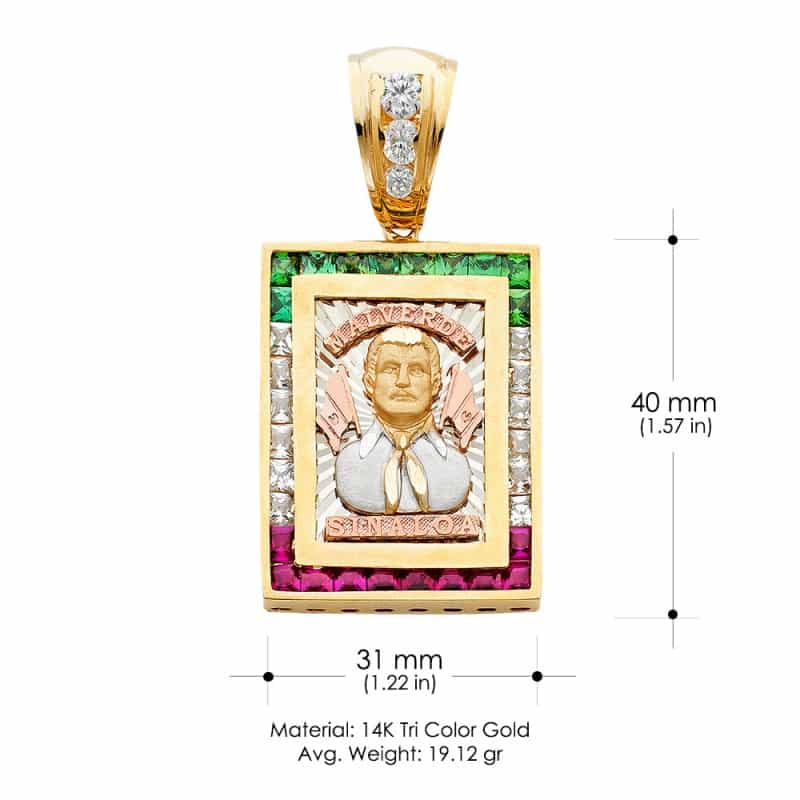 14K Gold Cz Malverde Sinaloa Charm Pendant