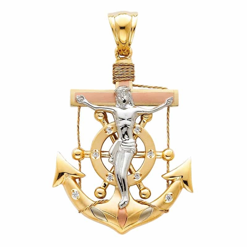 14K Gold Religious Crucifix Anchor Charm Pendant