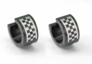 Mens Black Checkered Solid Stainless Steel Earrings