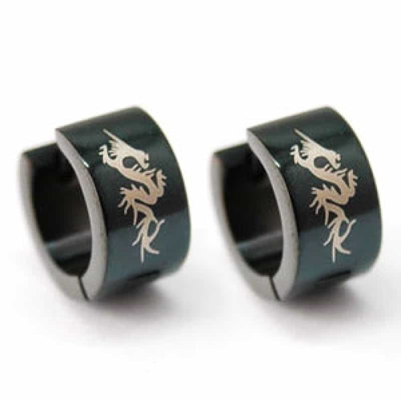 Mens Stainless Steel Black Dragon Huggie Earrings