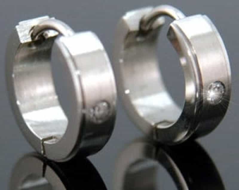 Mens Created Stones Solid Stainless Steel Hoop Earrings
