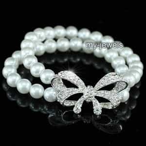 Bridal White Faux Pearl Ribbon Bracelet