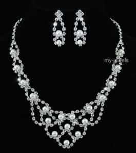 Bridal Faux Pearl Crystal Necklace Earrings Set