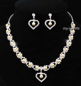Bridal Heart Peach Pearl Necklace Earrings Set