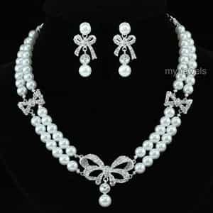 Bridal Ribbon White Faux Pearl Necklace Set