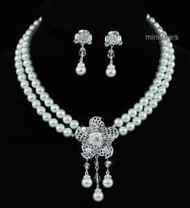 Bridal Flower White Faux Pearl Necklace Earrings Set