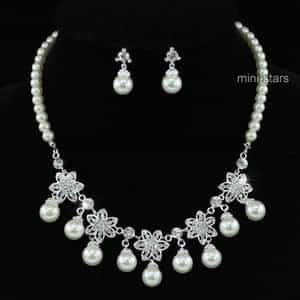 Bridal Wedding Flower Cream Ivory Faux Pearl Necklace Set
