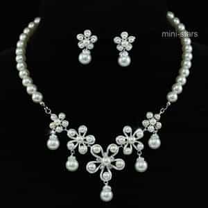 Bridal Wedding Flower Cream Ivory Faux Pearl Necklace Set