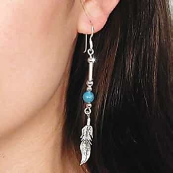 New .925 Sterling Silver Feather Dangle Earrings With Turquoise