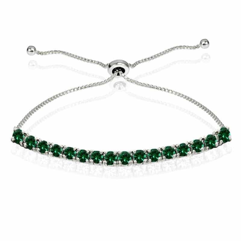 Sterling Silver 3Mm Simulated Emerald Round-Cut Chain Adjustable Pull-String Bolo Slider Tennis Bracelet For Women Teens Girls