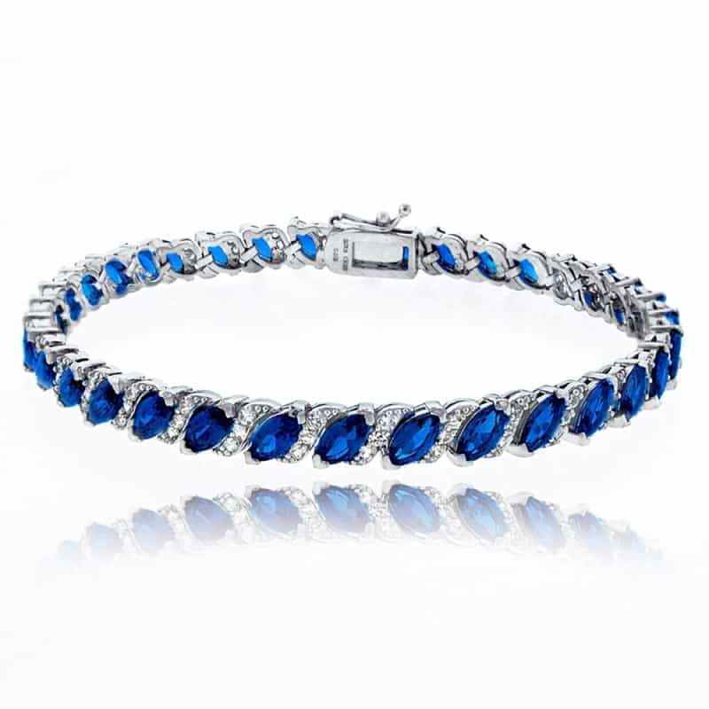 Sterling Silver Created Blue Sapphire Marquise-Cut 6X3mm Tennis Bracelet With White Topaz Accents