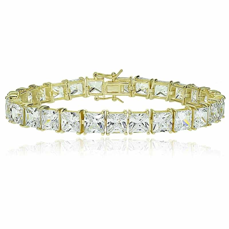 Gold Tone Over Sterling Silver Princess-Cut Cubic Zirconia 7X7mm Tennis Bracelet