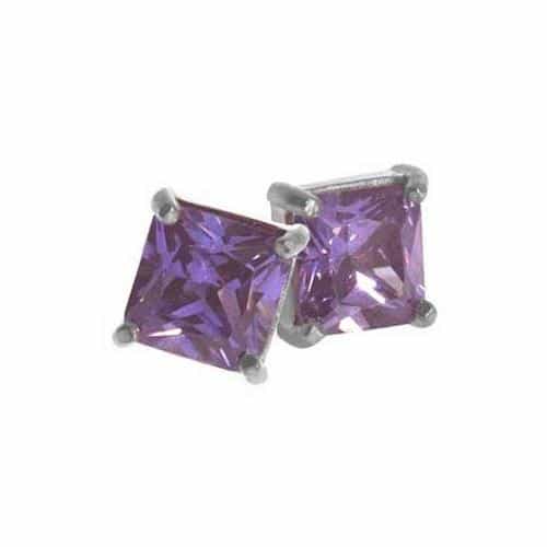 Sterling Silver Amethyst Cz Square 5Mm Stud Earrings