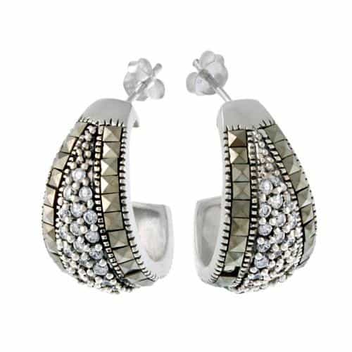 Sterling Silver Marcasite & Cz Half Hoop Earrings