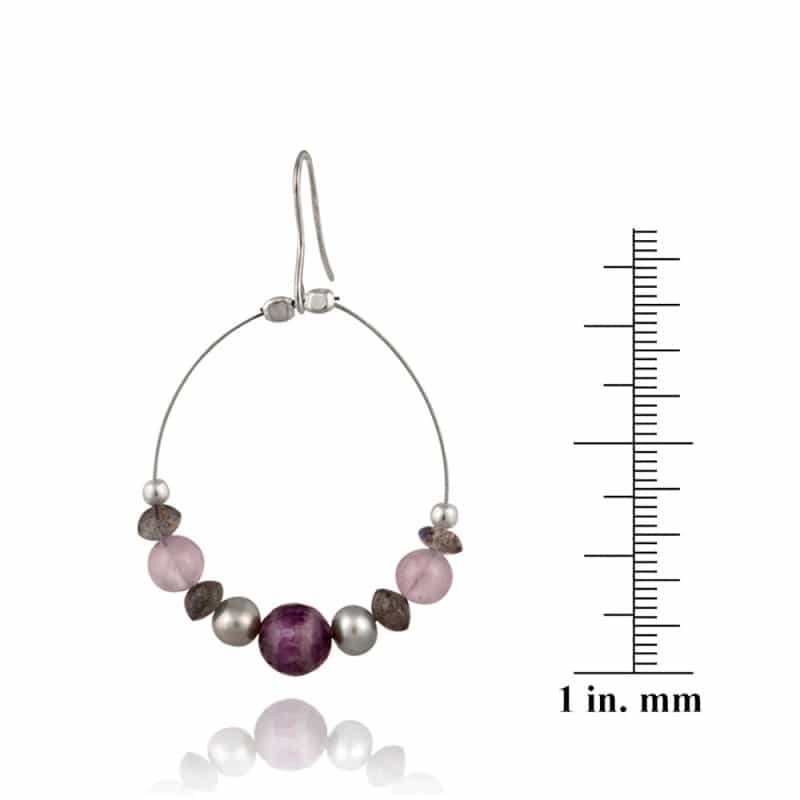 Sterling Silver Gray Pearls, Amethyst Chips & Stones Dangle Wire Earrings