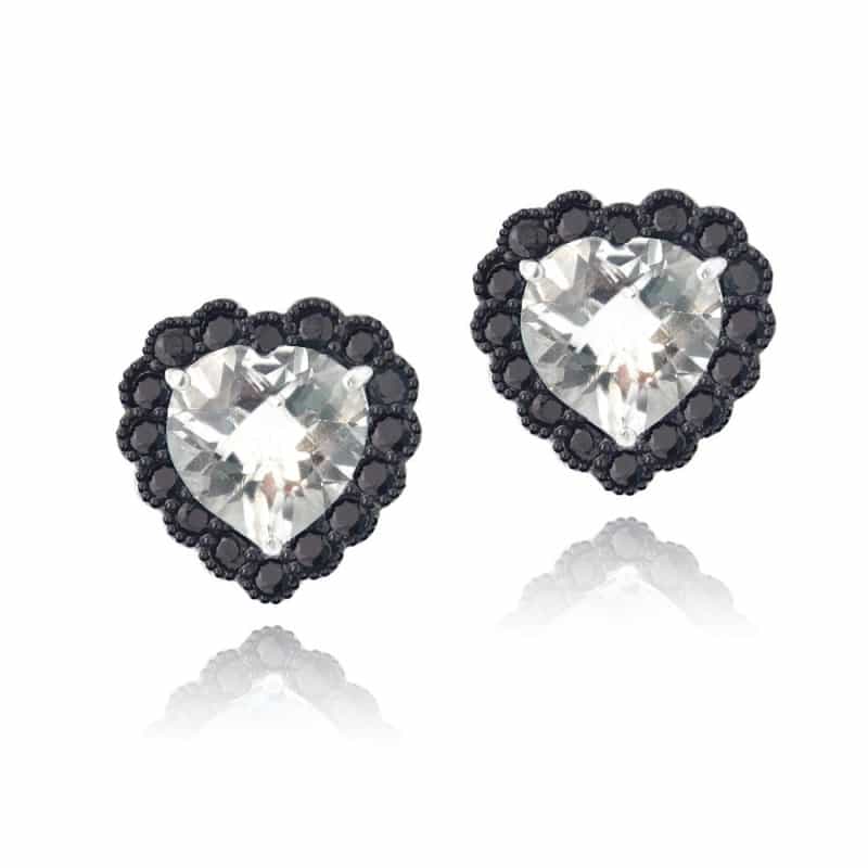 Sterling Silver 4.5Ct White Topaz & Black Spinel Heart Stud Earrings