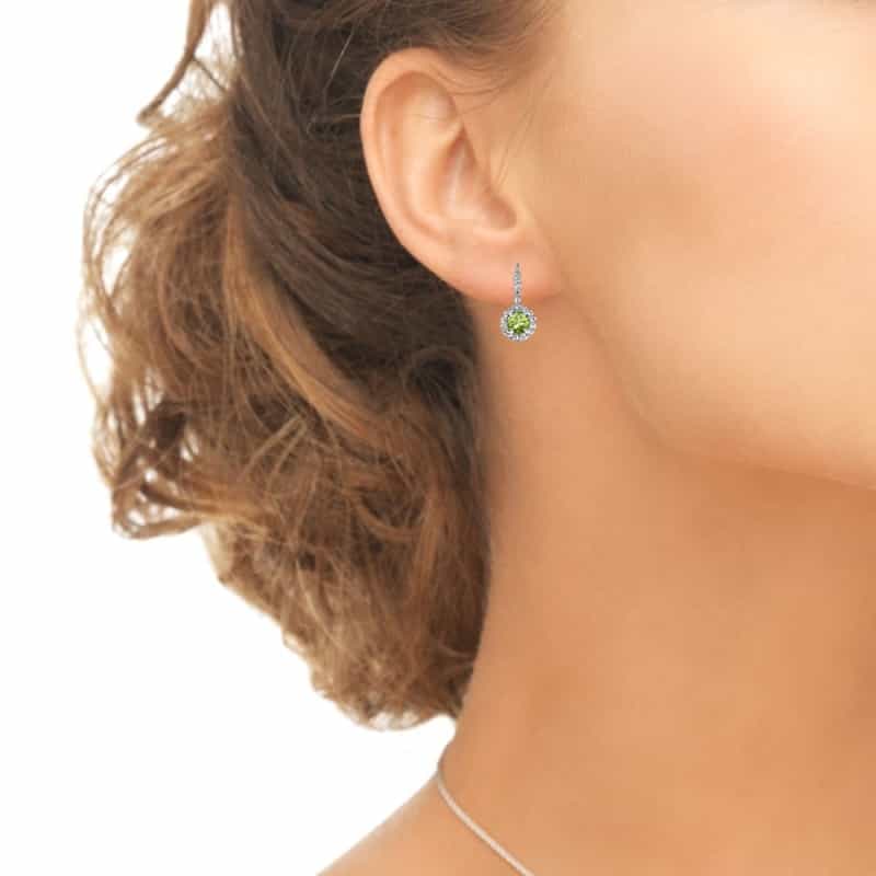 Sterling Silver Peridot & White Topaz Round Dainty Halo Leverback Earrings