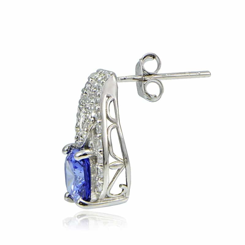 Platinum Plated Sterling Silver 100 Facets Blue Violet Cubic Zirconia Cushion-Cut Earrings