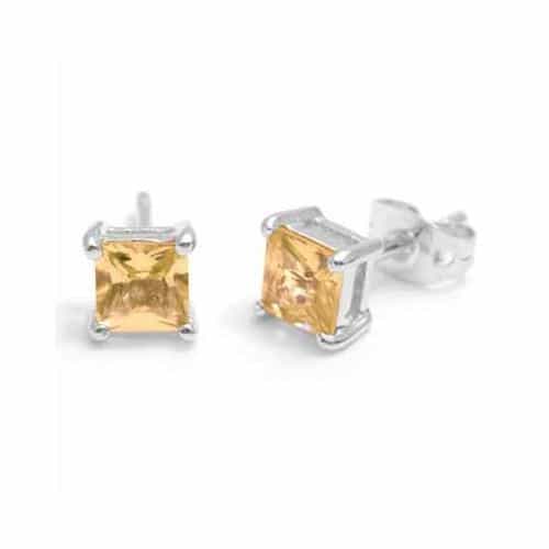 Sterling Silver Champagne Cz Square Stud Earrings