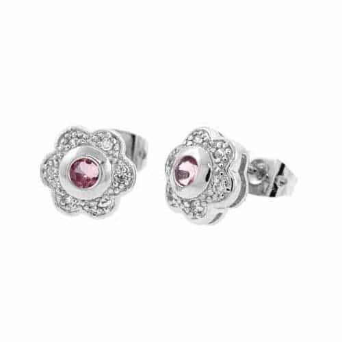 Sterling Silver Pink & White Cz Flower Stud Earrings