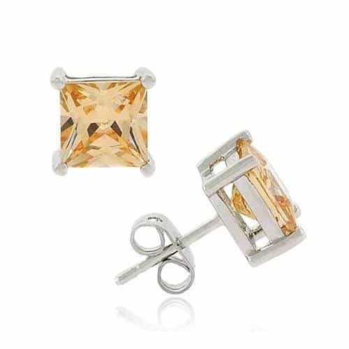 Sterling Silver Champagne Cz Square Stud Earrings