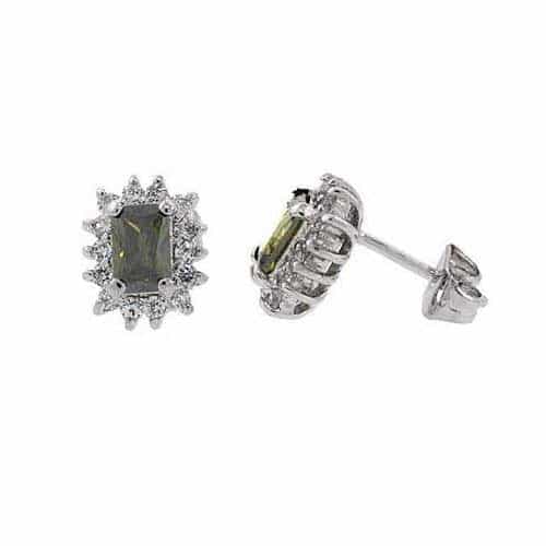 Sterling Silver Olive Green & White Cz Flower Stud Earrings