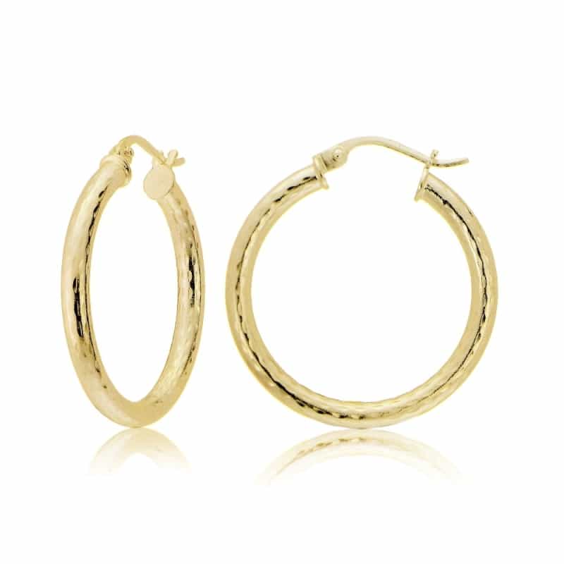 Gold Tone Over Sterling Silver 2.5Mm Diamond Cut Polished Round Hoop Earrings, 25Mm