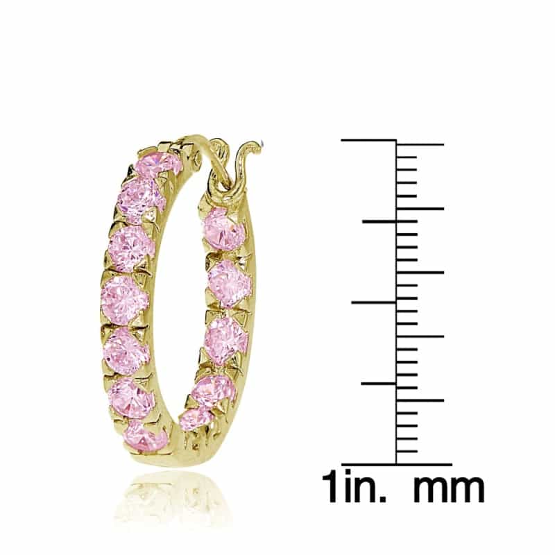 Gold Tone Over Sterling Silver Light Pink Cubic Zirconia Inside Out 3X25 Mm Round Hoop Earrings