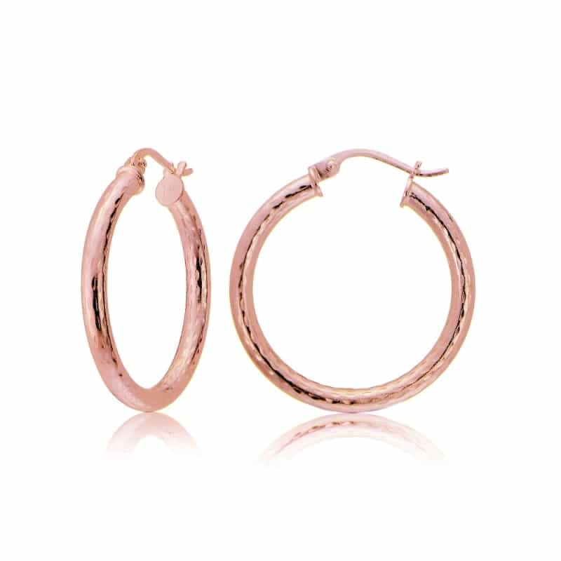 Rose Gold Tone Over Sterling Silver 2.5Mm Diamond Cut Polished Round Hoop Earrings, 20Mm