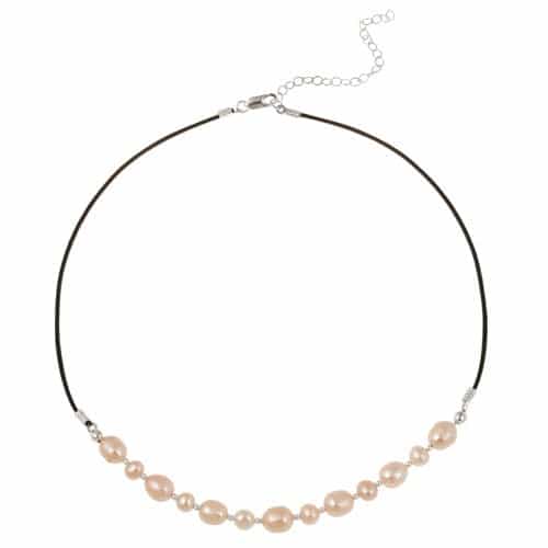Sterling Silver Freshwater Cultured Peach Pearl On Leather Beaded Necklace