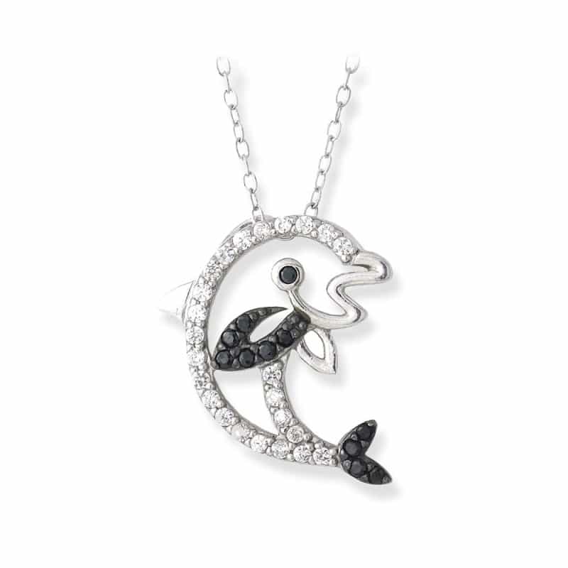 Sterling Silver Black & White Cz Dolphin Necklace