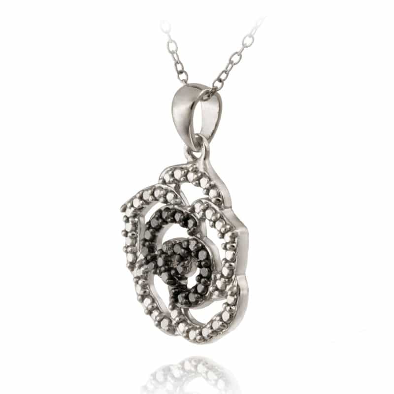 Sterling Silver Black Diamond Accent Rose Flower Pendant