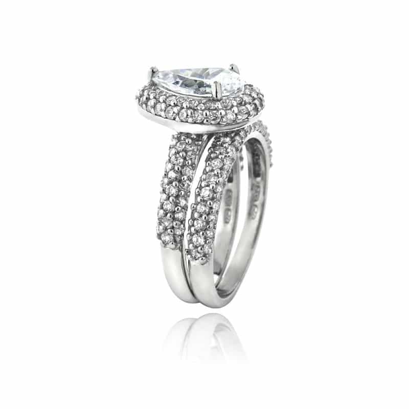 Sterling Silver Cz Pear & Cz Half-Eternity Band Ring Set - 6