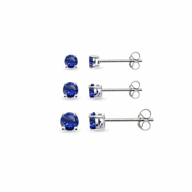 3-Pair Set Sterling Silver Created Blue Sapphire Round Stud Earrings, 3Mm 4Mm 5Mm